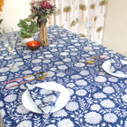 Blue Floral Block Print Cotton Tablecloth: Vibrant Home & Event Decor