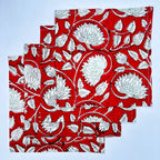 Handmade Red Floral Block Print Napkins: Cotton Table Decor
