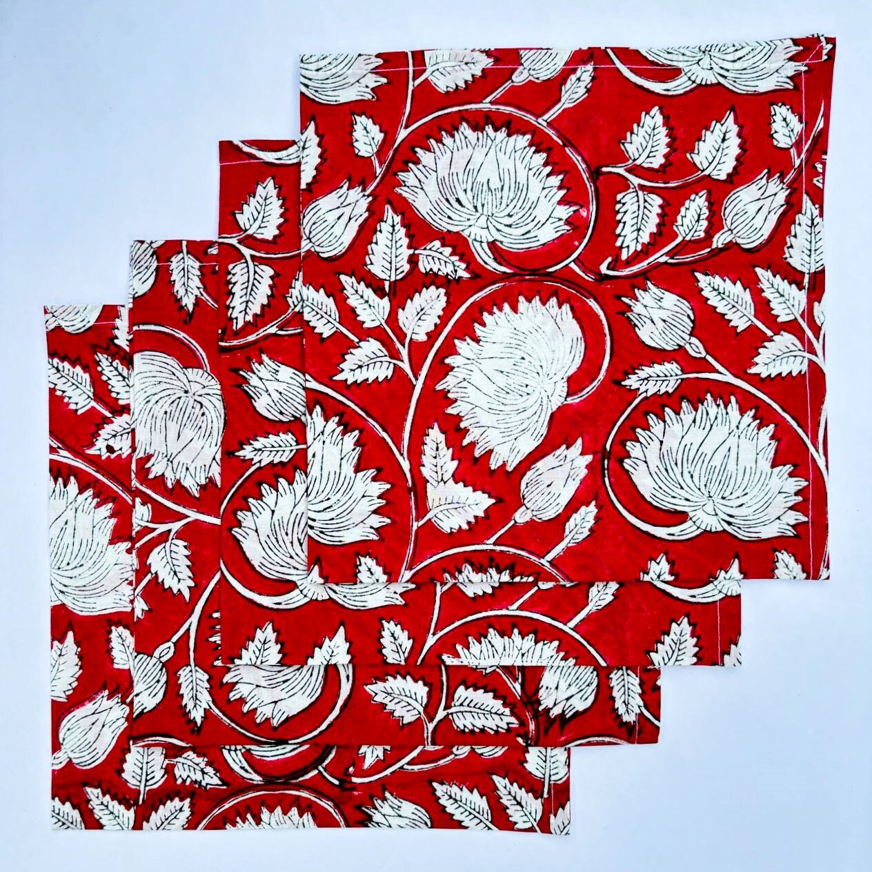 Handmade Red Floral Block Print Napkins: Cotton Table Decor