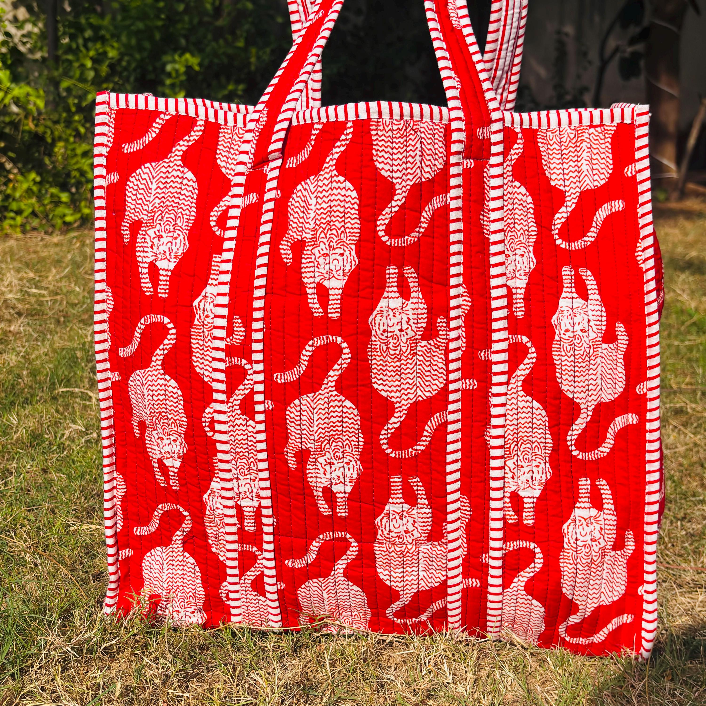 Red Leopard Tiger Print Quilted Cotton Tote Bag