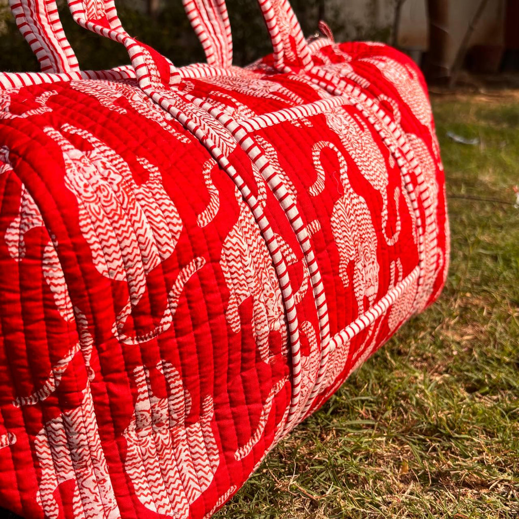 Handmade Red Tiger Cotton Quilted Duffle Bag: Travel Gym Luggage