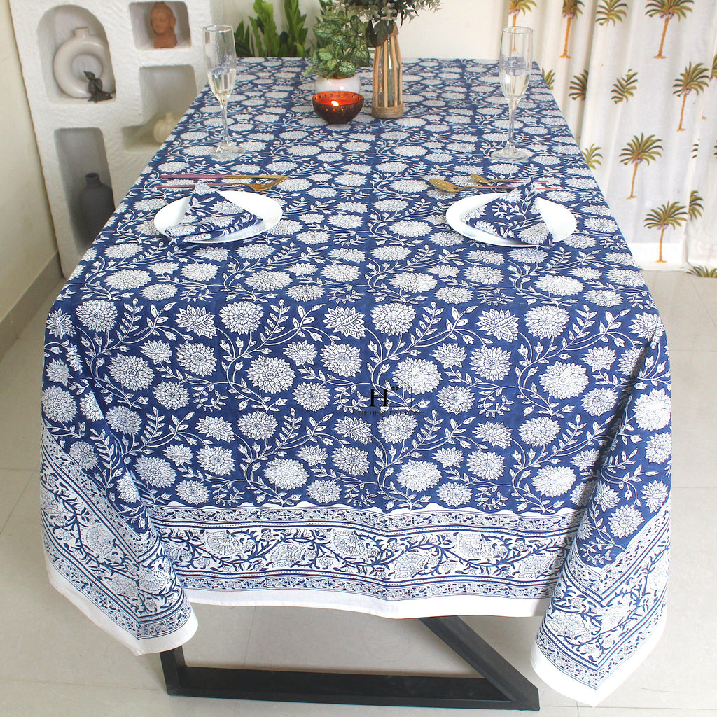 Blue Floral Block Print Cotton Tablecloth: Vibrant Home & Event Decor