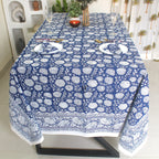Blue Floral Block Print Cotton Tablecloth: Vibrant Home & Event Decor