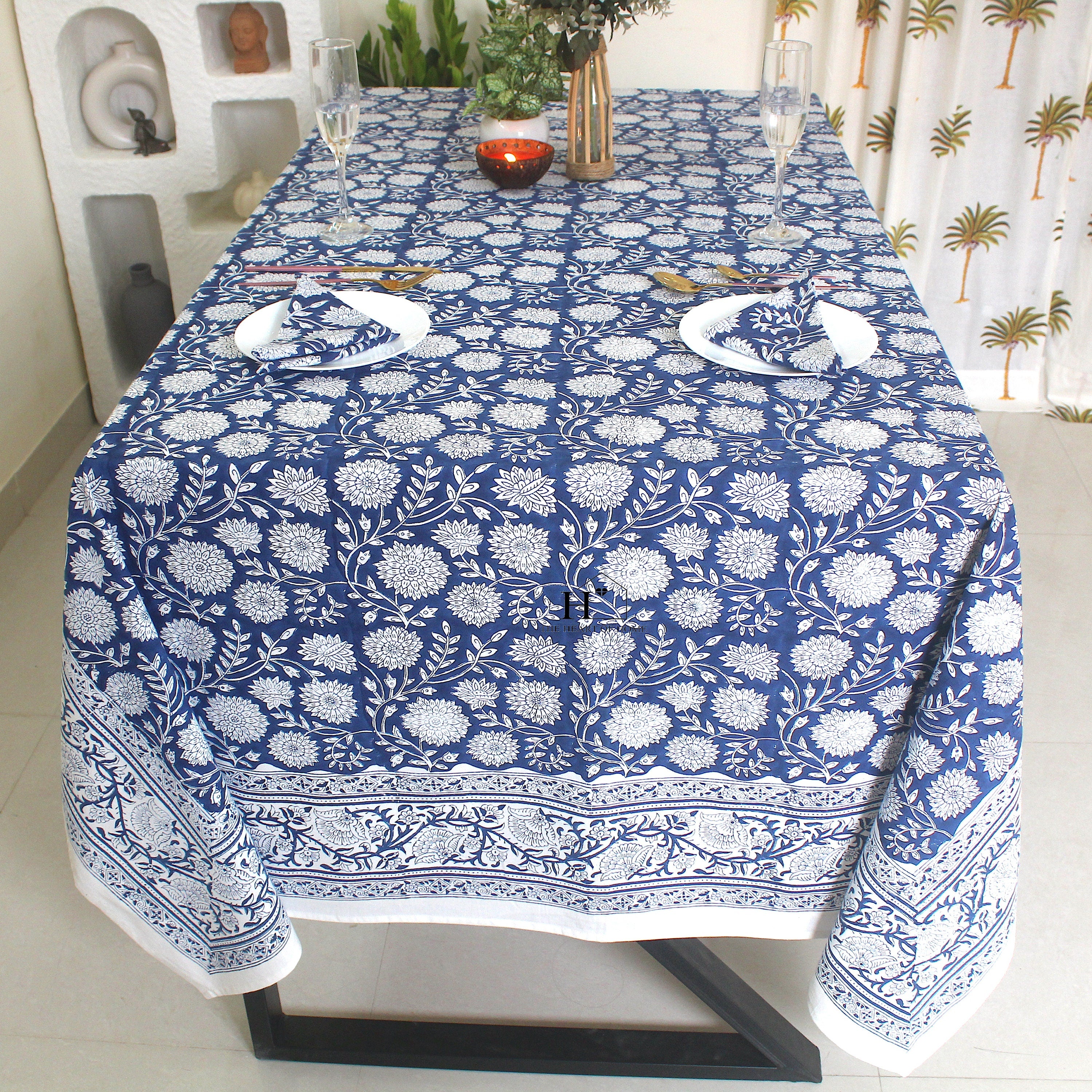Blue Floral Block Print Cotton Tablecloth: Vibrant Home & Event Decor