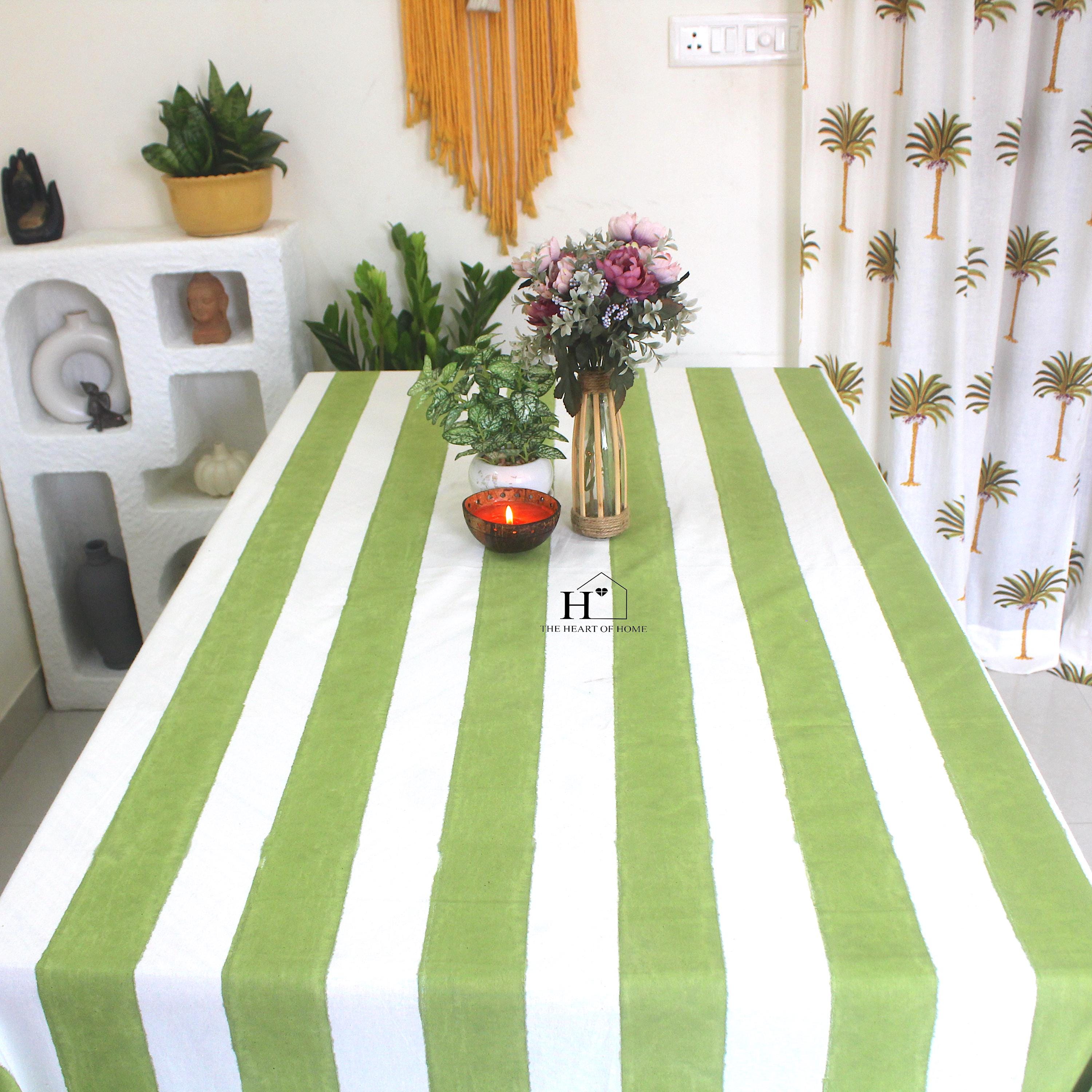 Hand-Block Stripe Cotton Tablecloth: Waterproof Rustic Farmhouse Table Cover