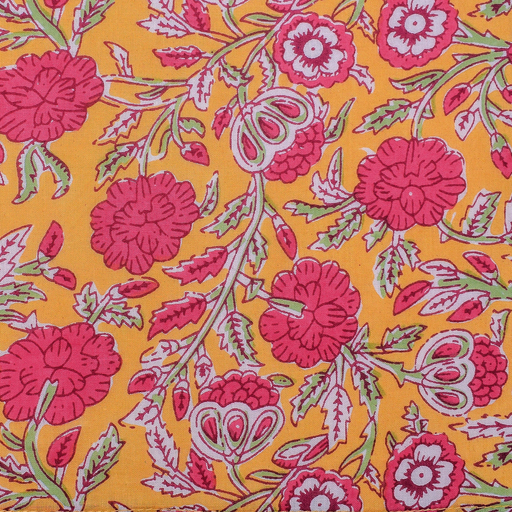 Hand Block Printed Cloth Napkins: Mustard & Pink Floral Cotton Dining Decor