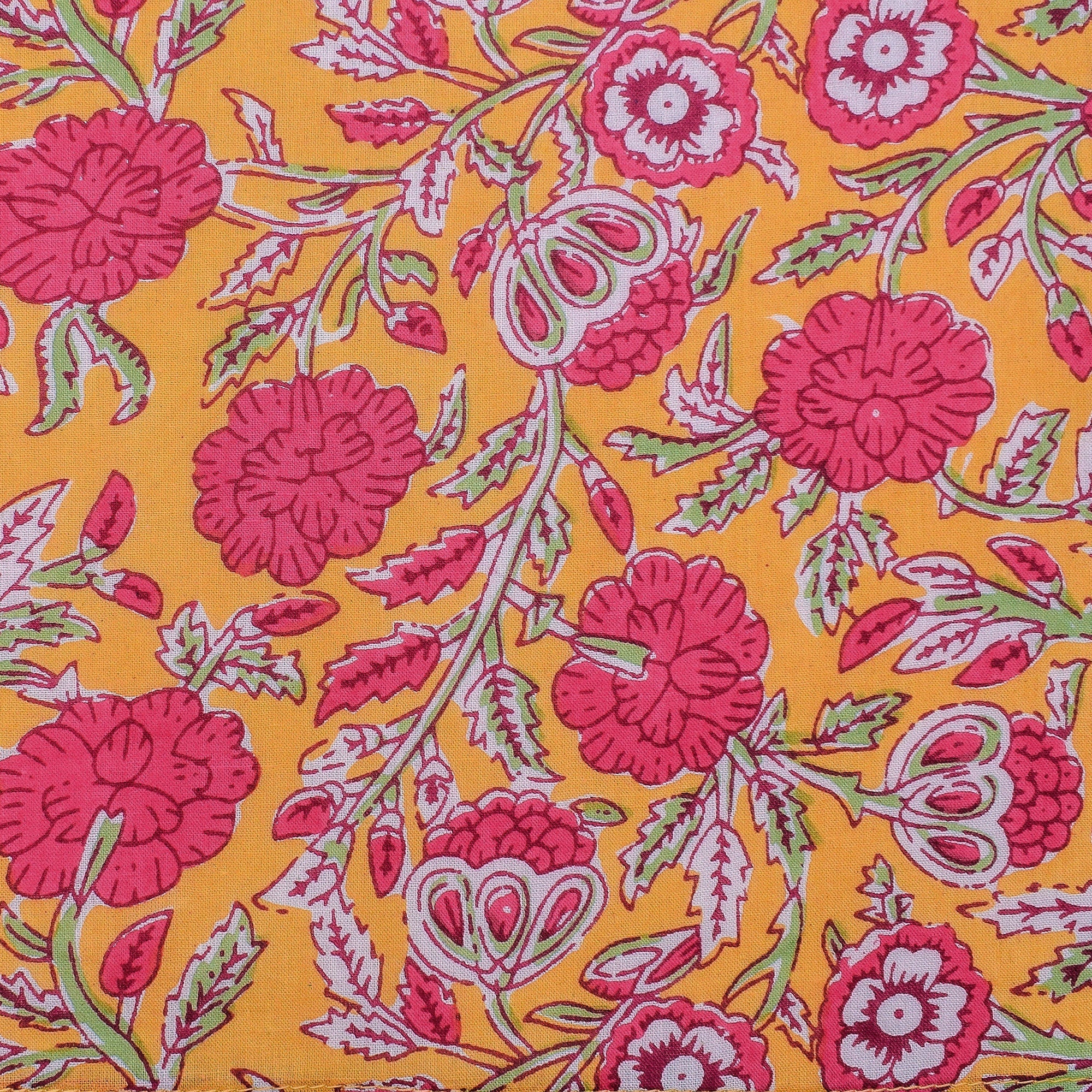 Hand Block Printed Cloth Napkins: Mustard & Pink Floral Cotton Dining Decor