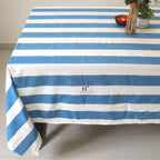 Hand-Block Stripe Cotton Tablecloth: Sky Blue Waterproof Dining Table Cover