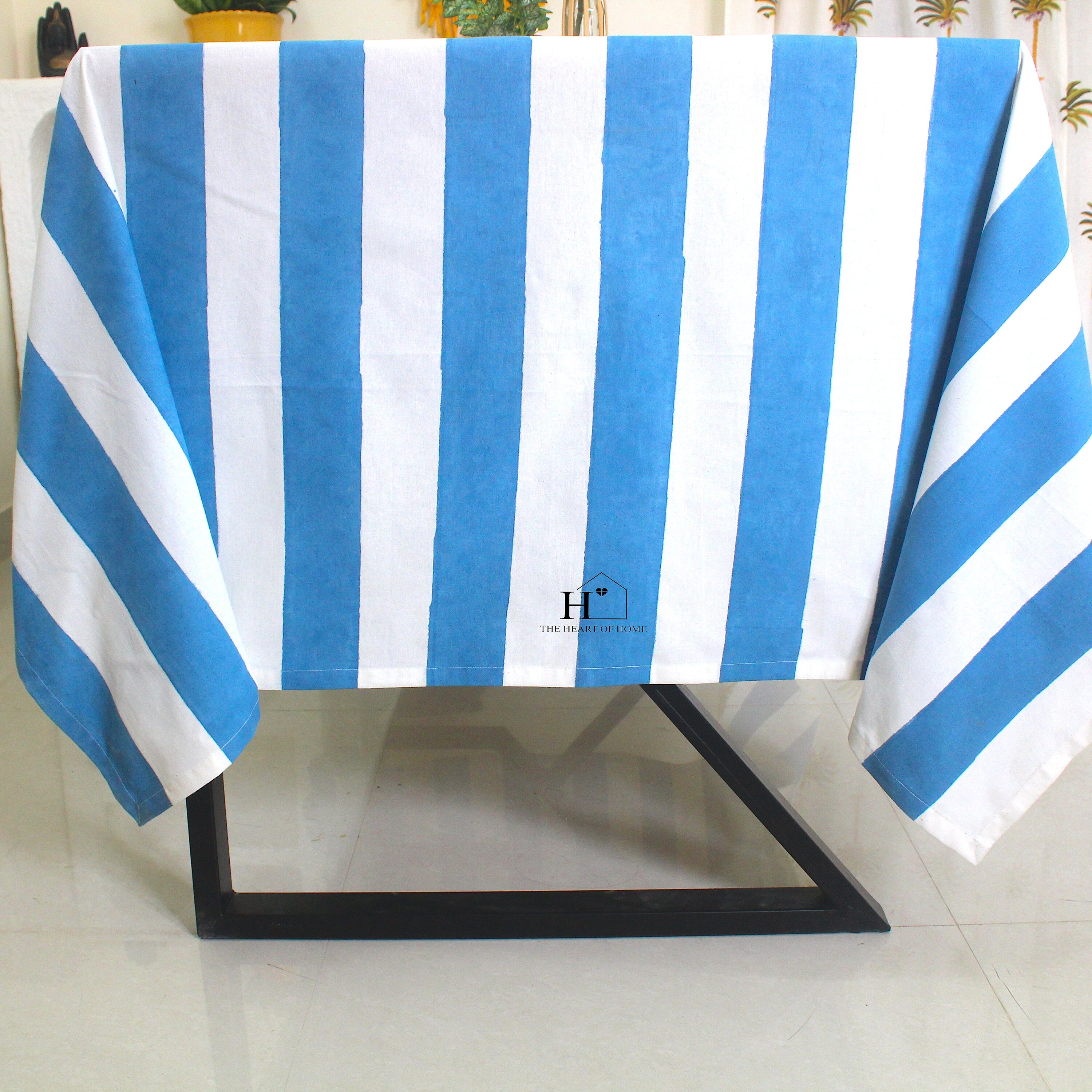 Hand-Block Stripe Cotton Tablecloth: Sky Blue Waterproof Dining Table Cover