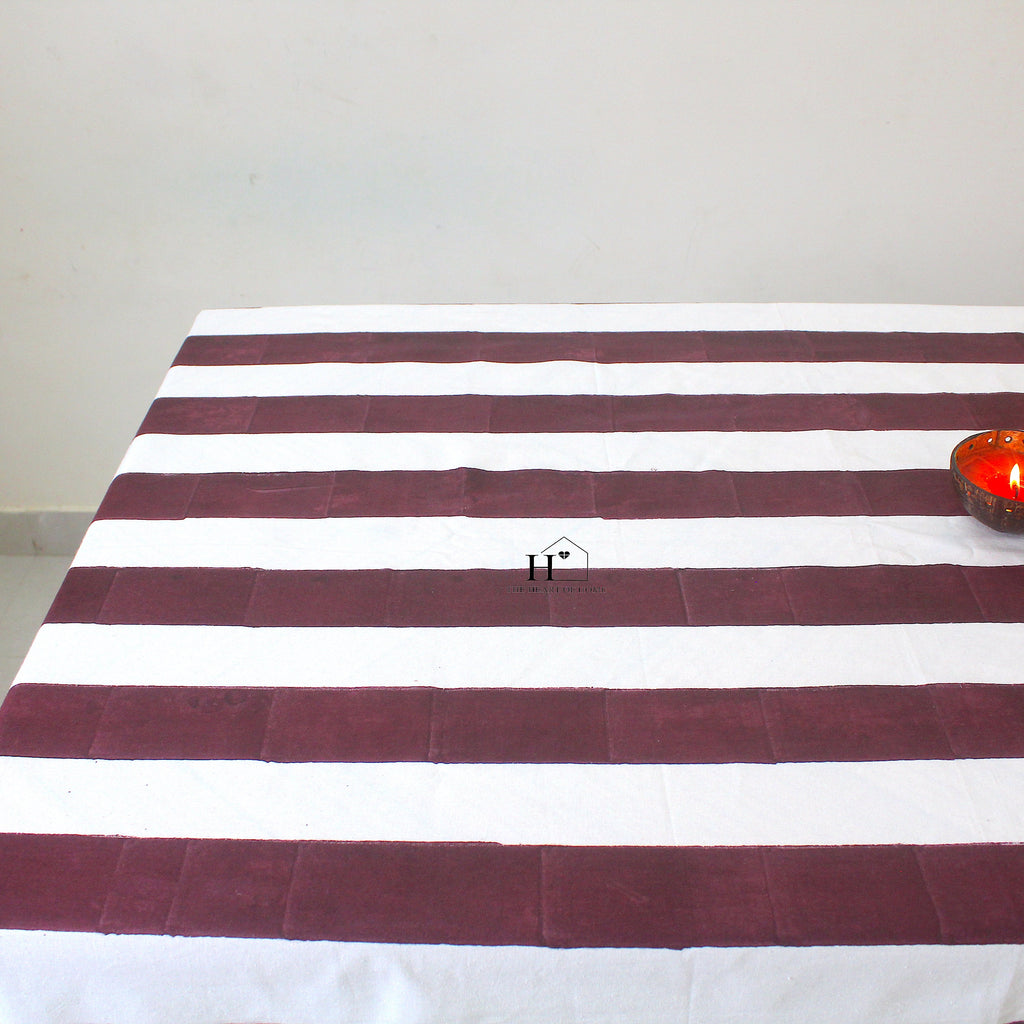 Hand-Block Congo Brown Striped Cotton Tablecloth - Waterproof Rustic Dining