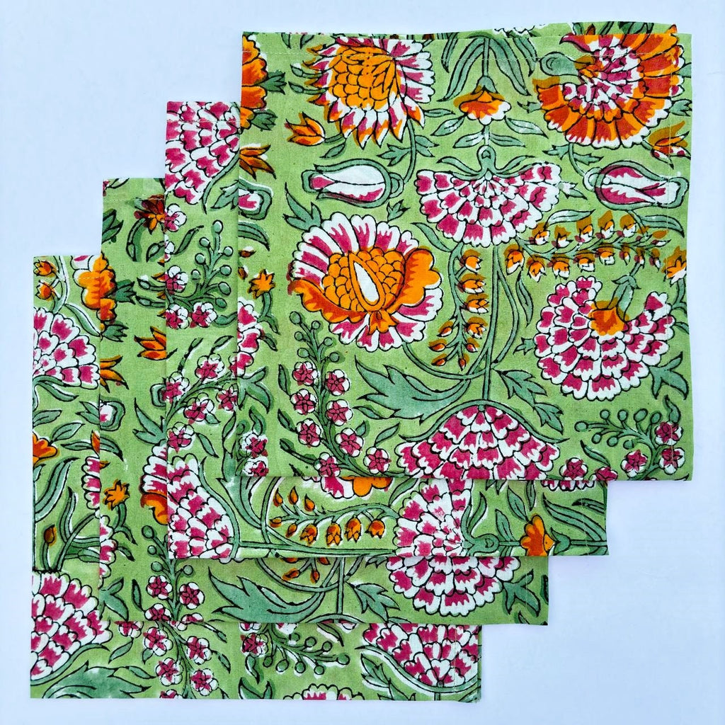 Hand Block Printed Cotton Napkins: Green & Orange Floral Table Decor