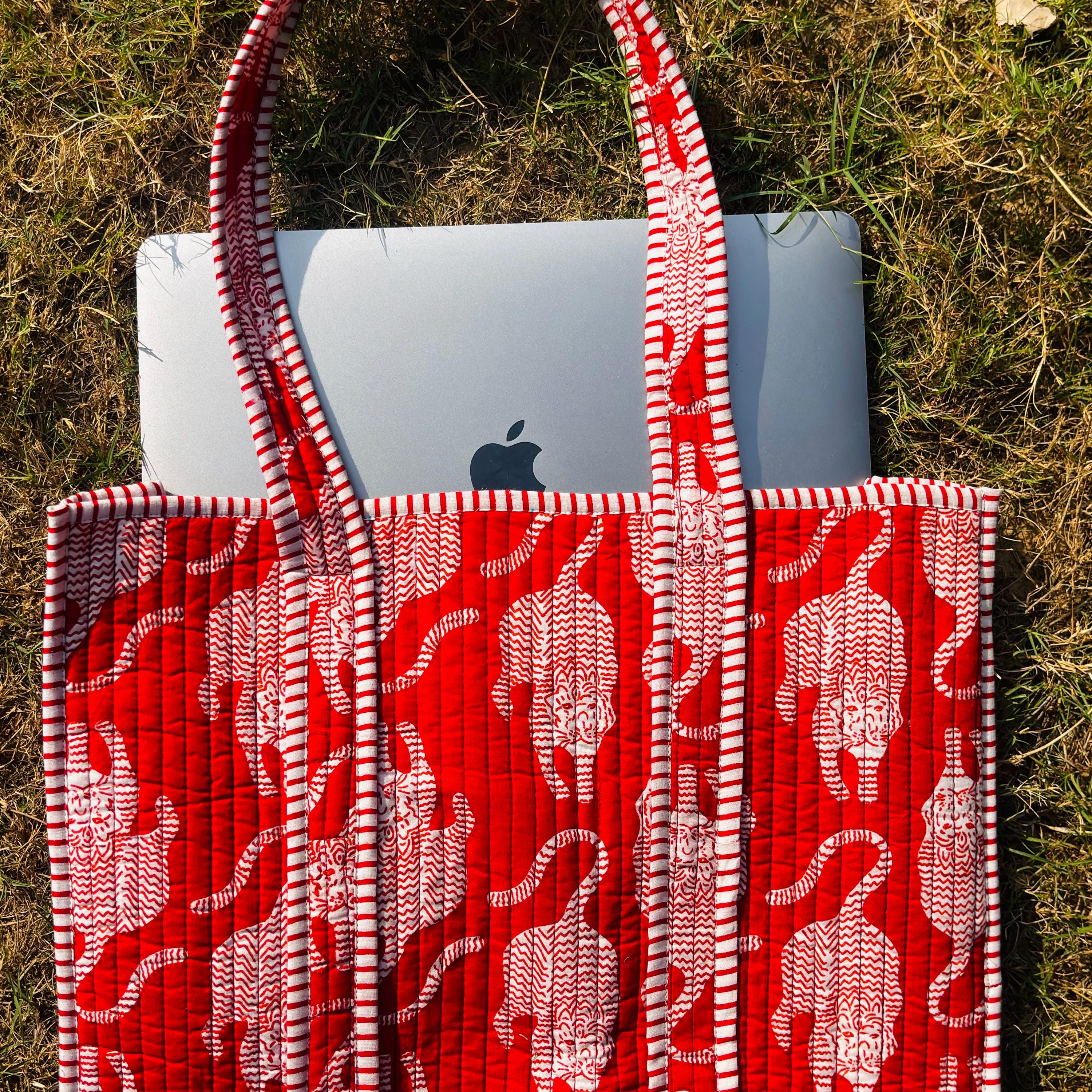 Red Leopard Tiger Print Quilted Cotton Tote Bag