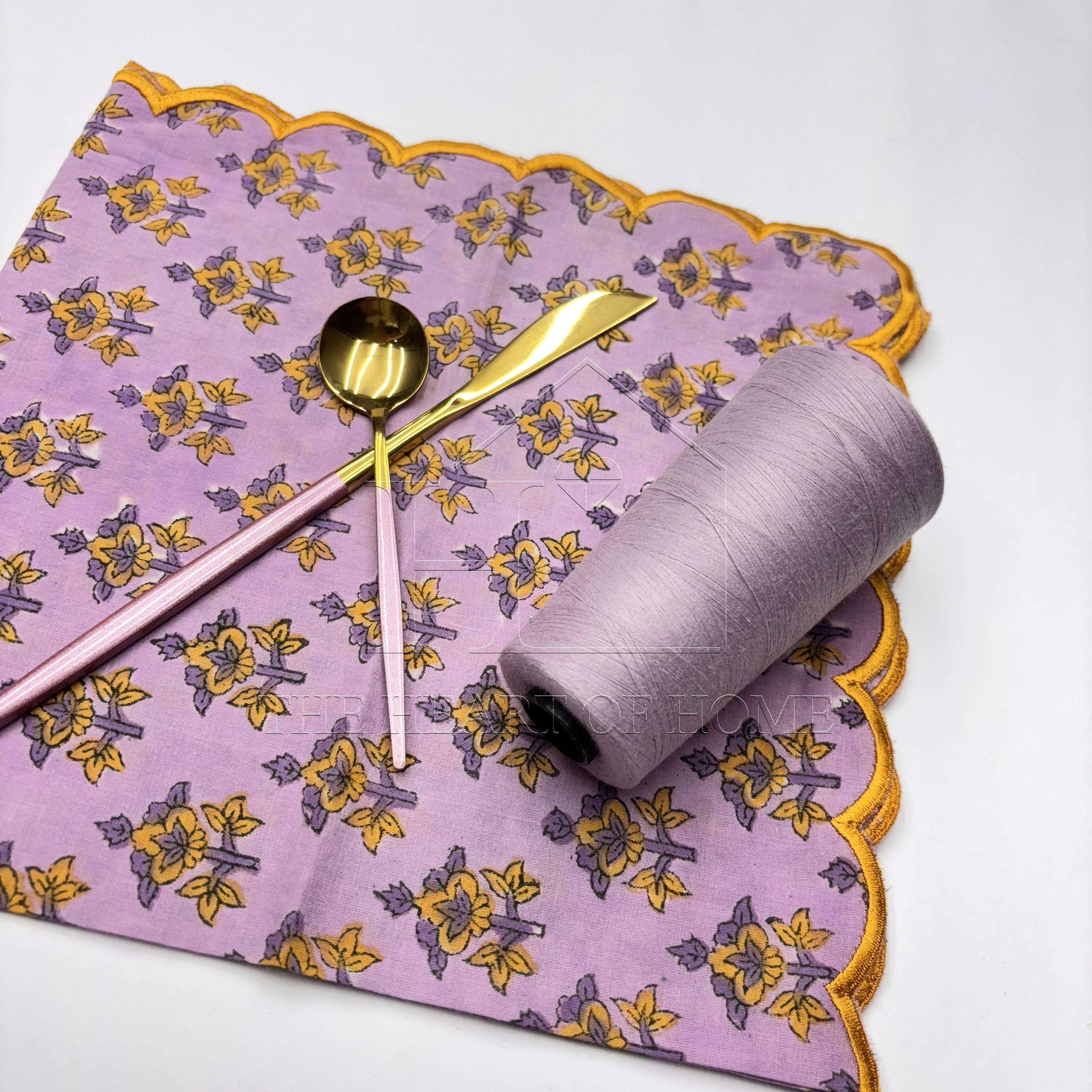 Lavender yellow scallop cotton Embroidery Napkins for table decoration and christmas gift | Reusable Floral Table Linen