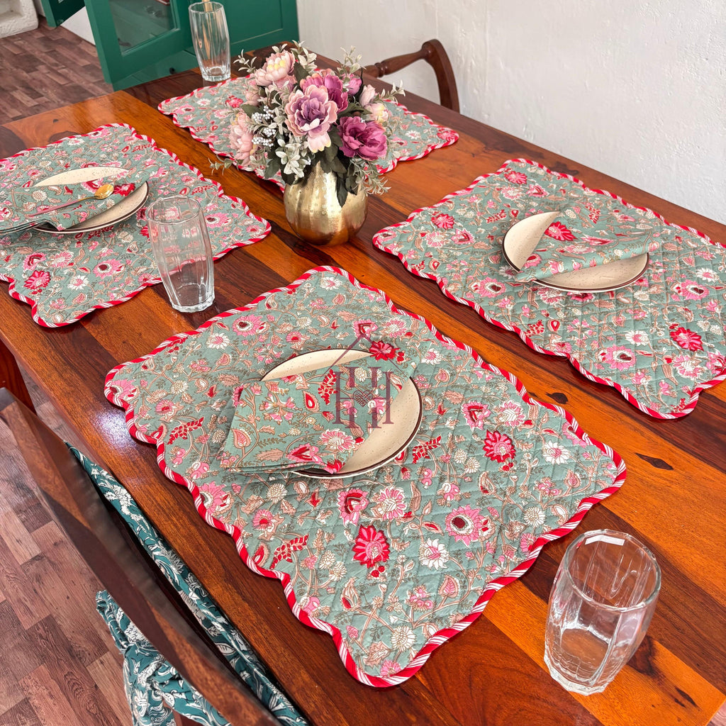 Cotton quilted mats hand block printed christmas green 14x20 Inch Reversible 100% Cotton, Washable, Soft & Absorbent, Perfect for Wedding