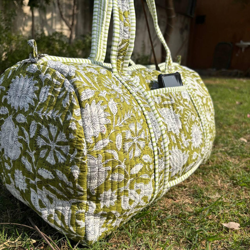 Handmade Limerick Green Floral Quilted Duffle Bag: Cotton Travel Gym Bag