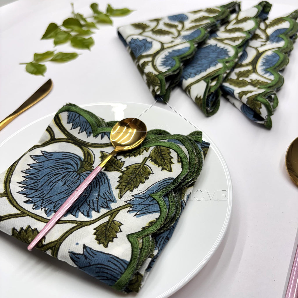 Floral Block Print Napkins: Embroidered Scallop Edge, Sustainable Cotton