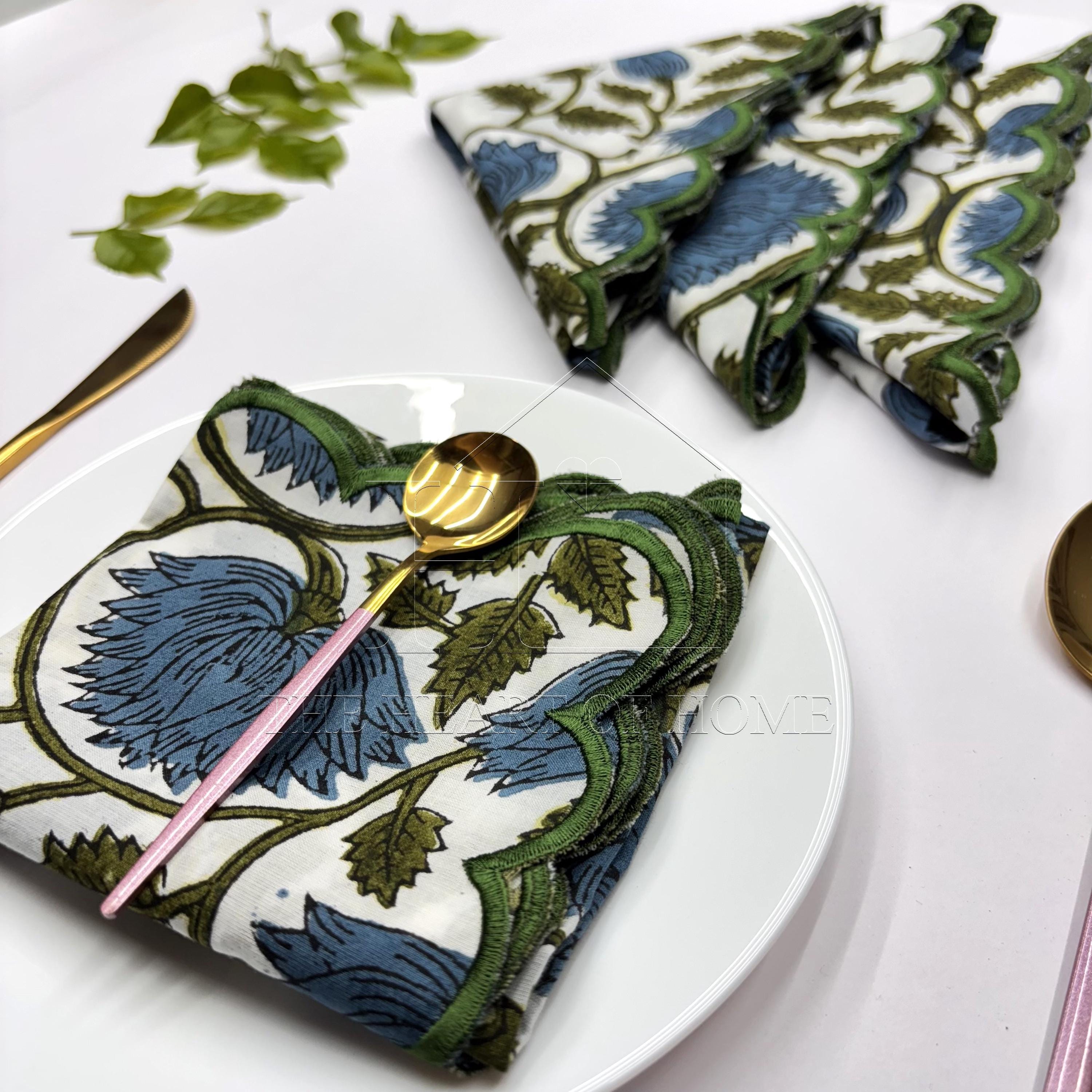 Floral Block Print Napkins: Embroidered Scallop Edge, Sustainable Cotton