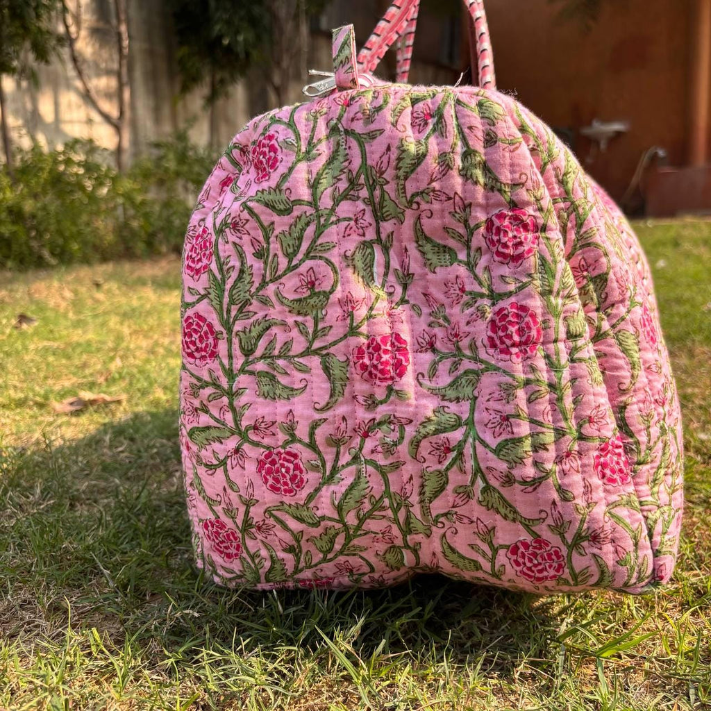Large Rose pink Cotton Quilted Duffle Bags Block print Gifts Handmade Colorful Travel night Travel Gym Yoga Luggage pocket 18x9x9 inches