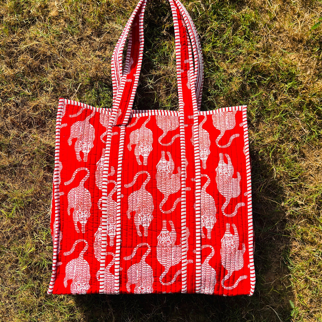 Red Leopard Tiger Print Quilted Cotton Tote Bag
