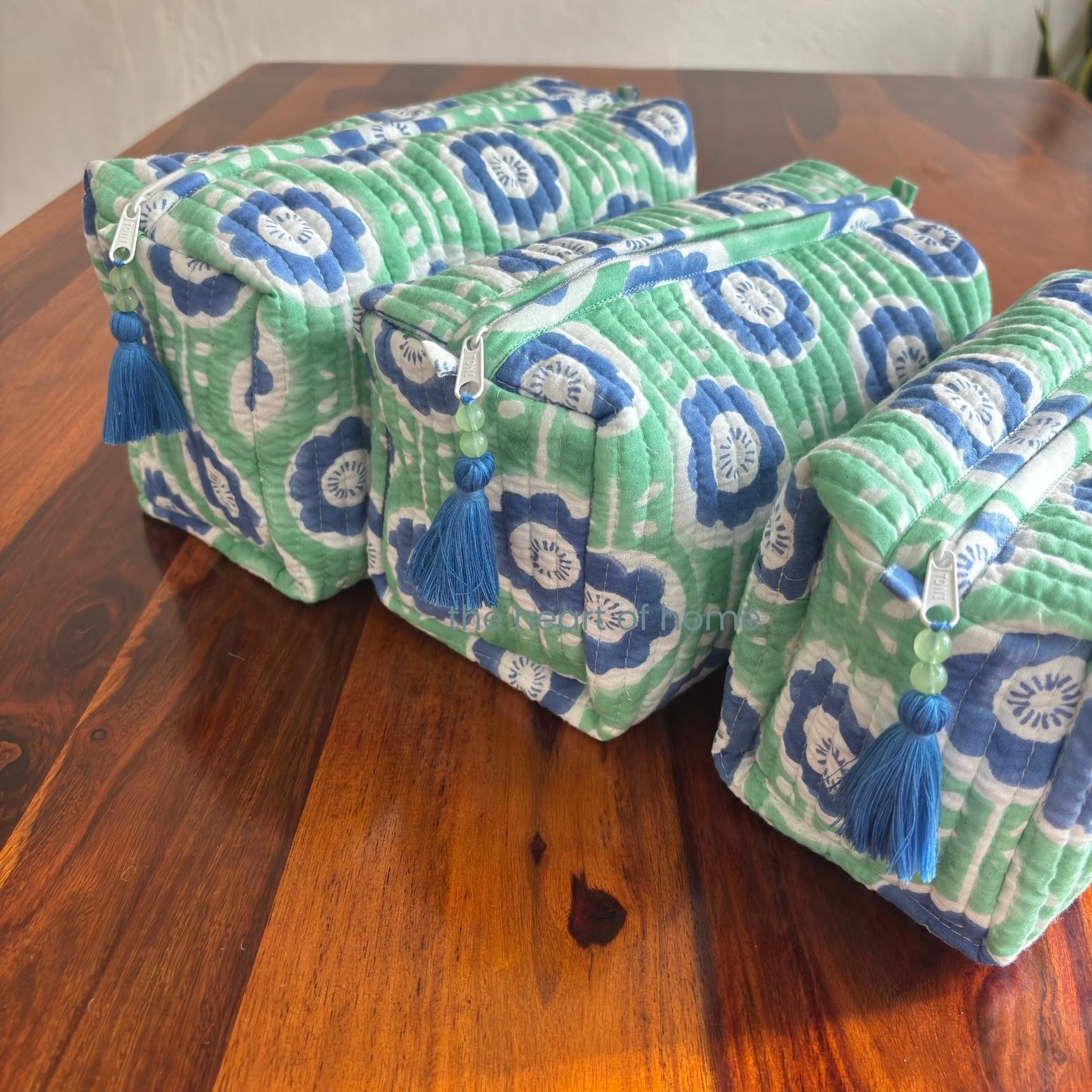 Handblock Printed Quilted Cosmetic Pouch Set: Green Travel Toiletry Bags