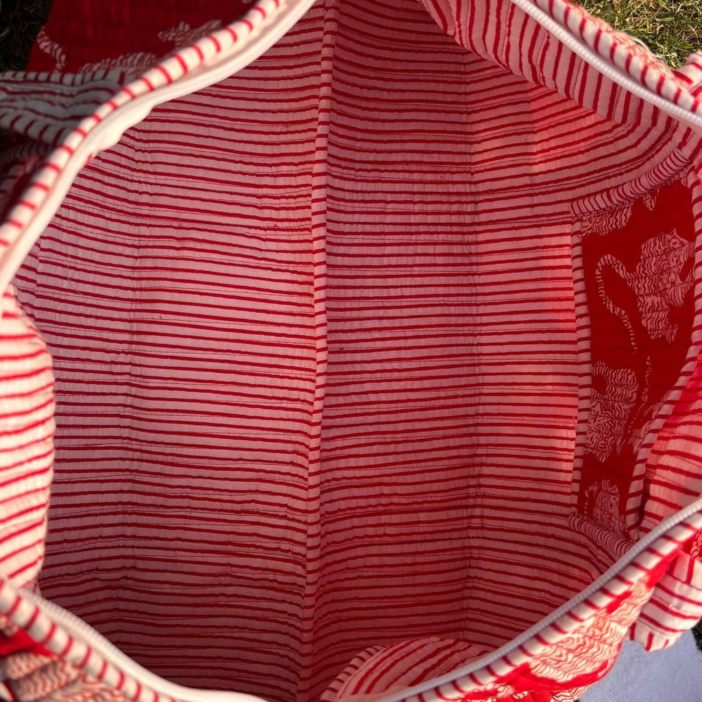 Handmade Red Tiger Cotton Quilted Duffle Bag: Travel Gym Luggage
