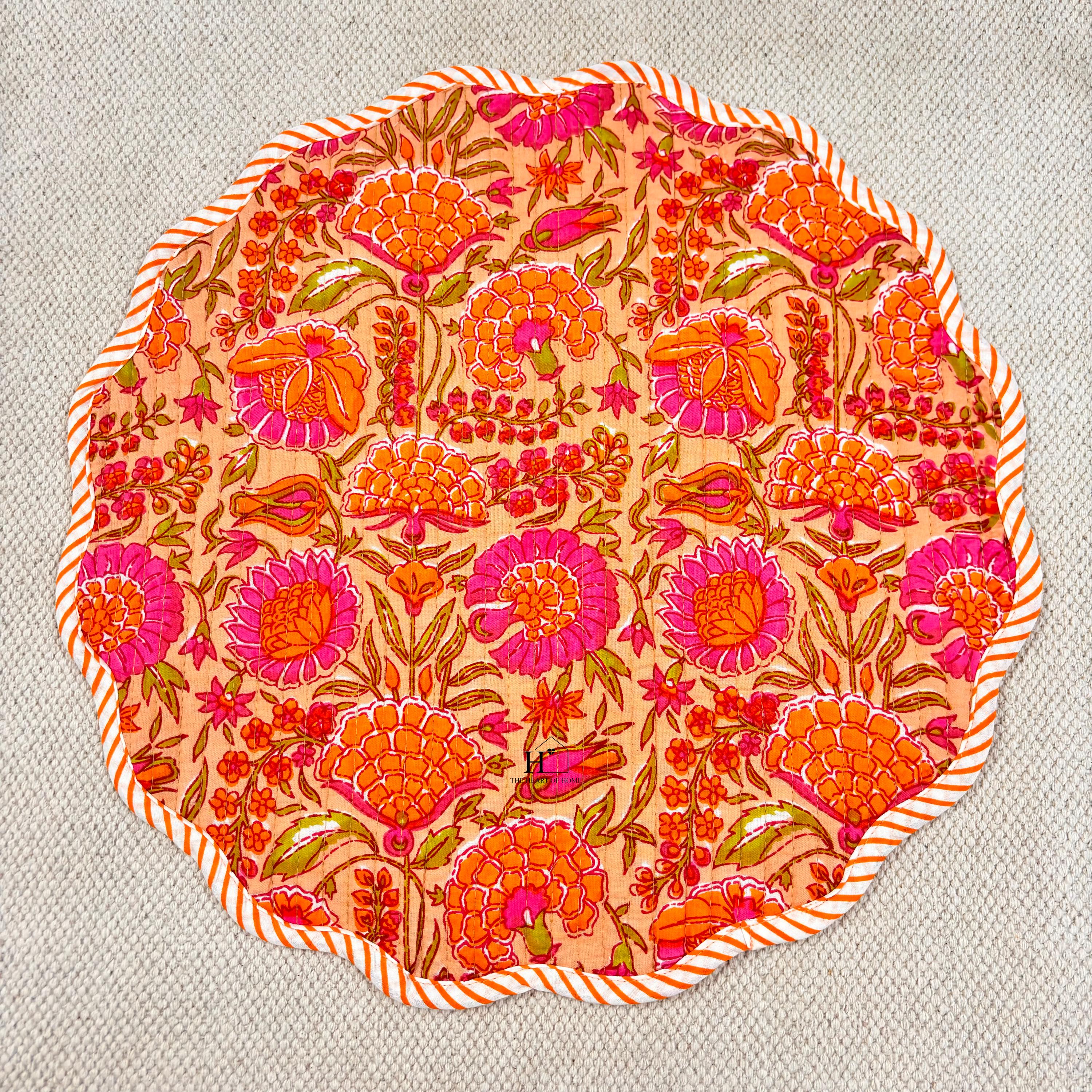 Handcrafted Orange Floral Quilted Placemat & Napkin Set