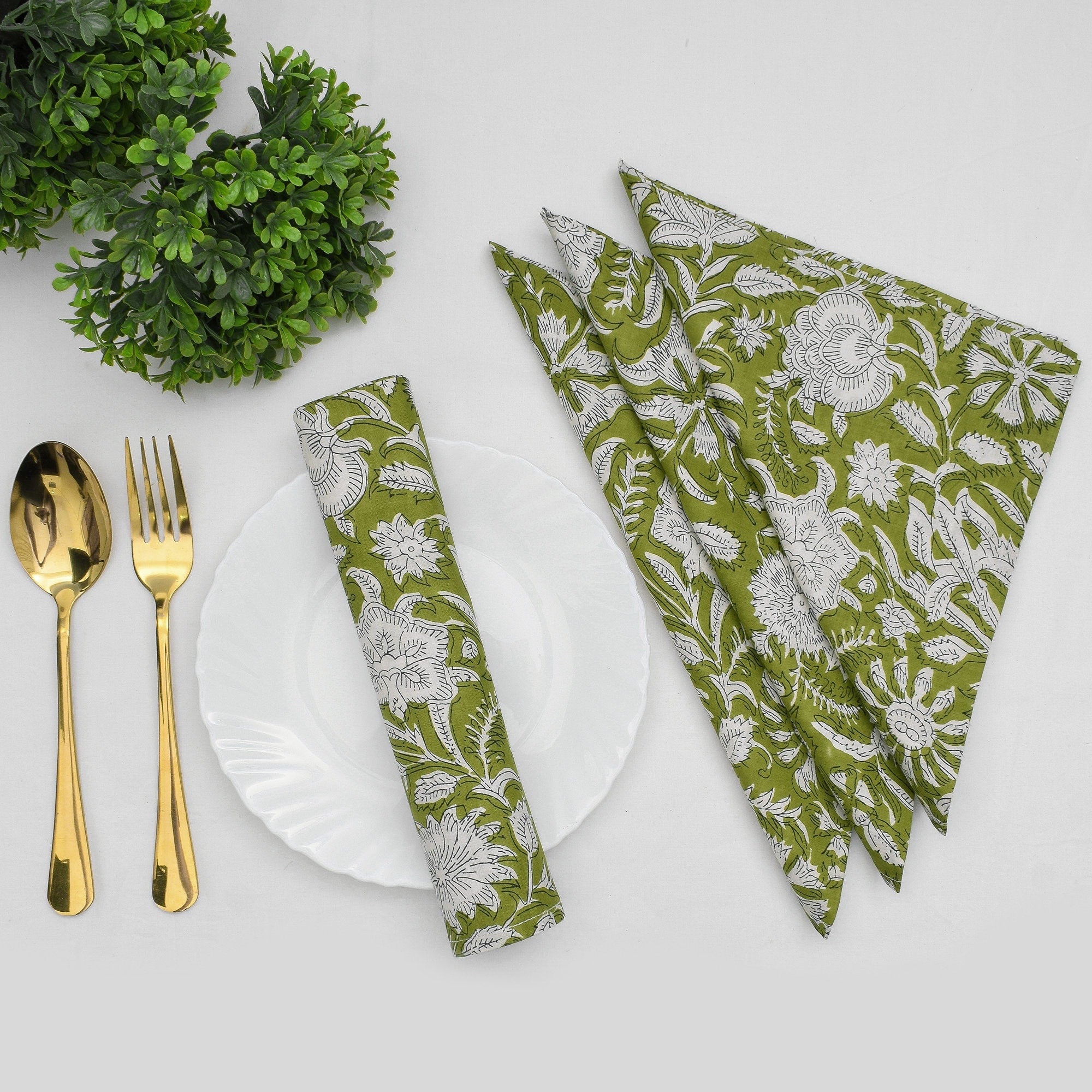 Hand Block Printed Cloth Napkins: Parrot Green Floral Cotton, Artisan Decor