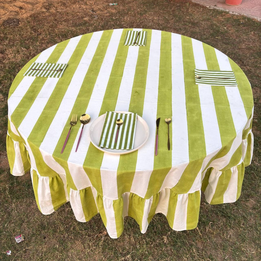 Light Green Stripe Table Cloth for Round Table hand block printed | christmas gift | wedding table deor