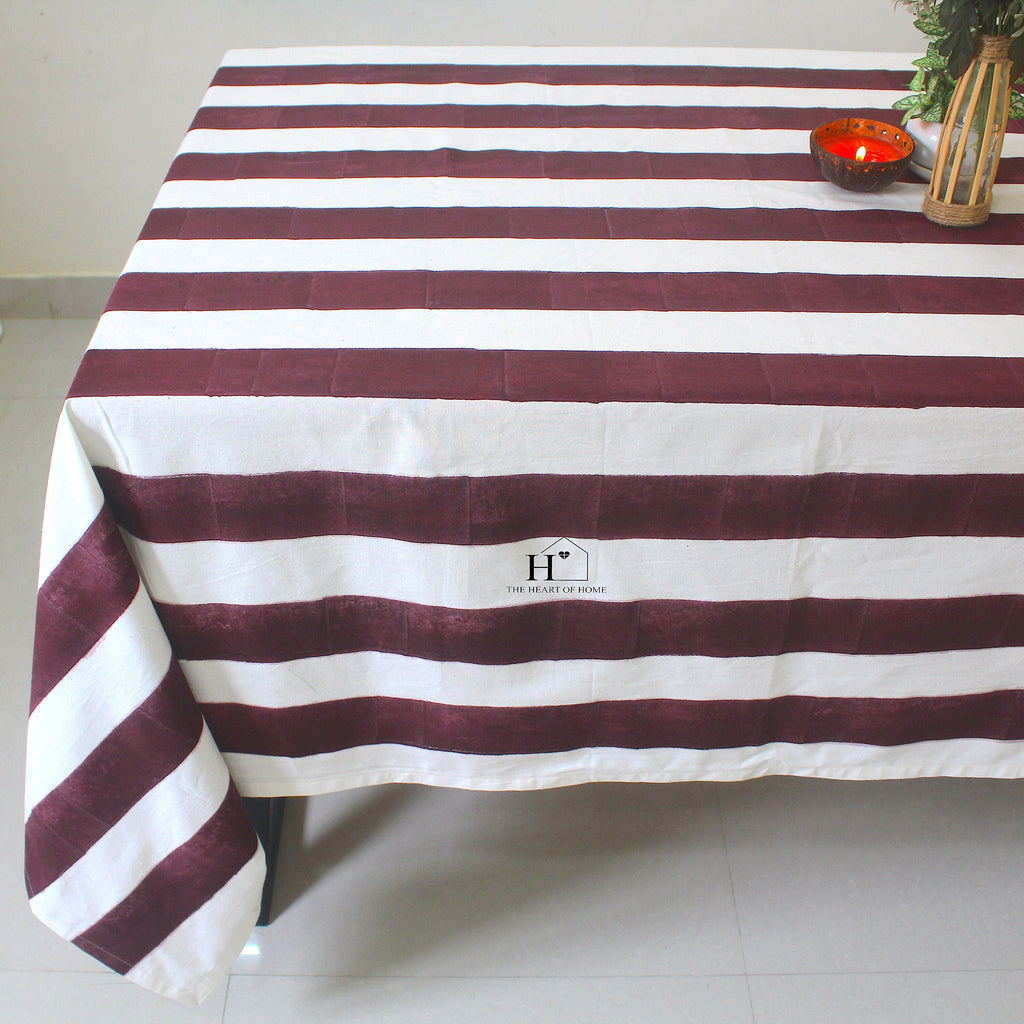 Hand-Block Congo Brown Striped Cotton Tablecloth - Waterproof Rustic Dining