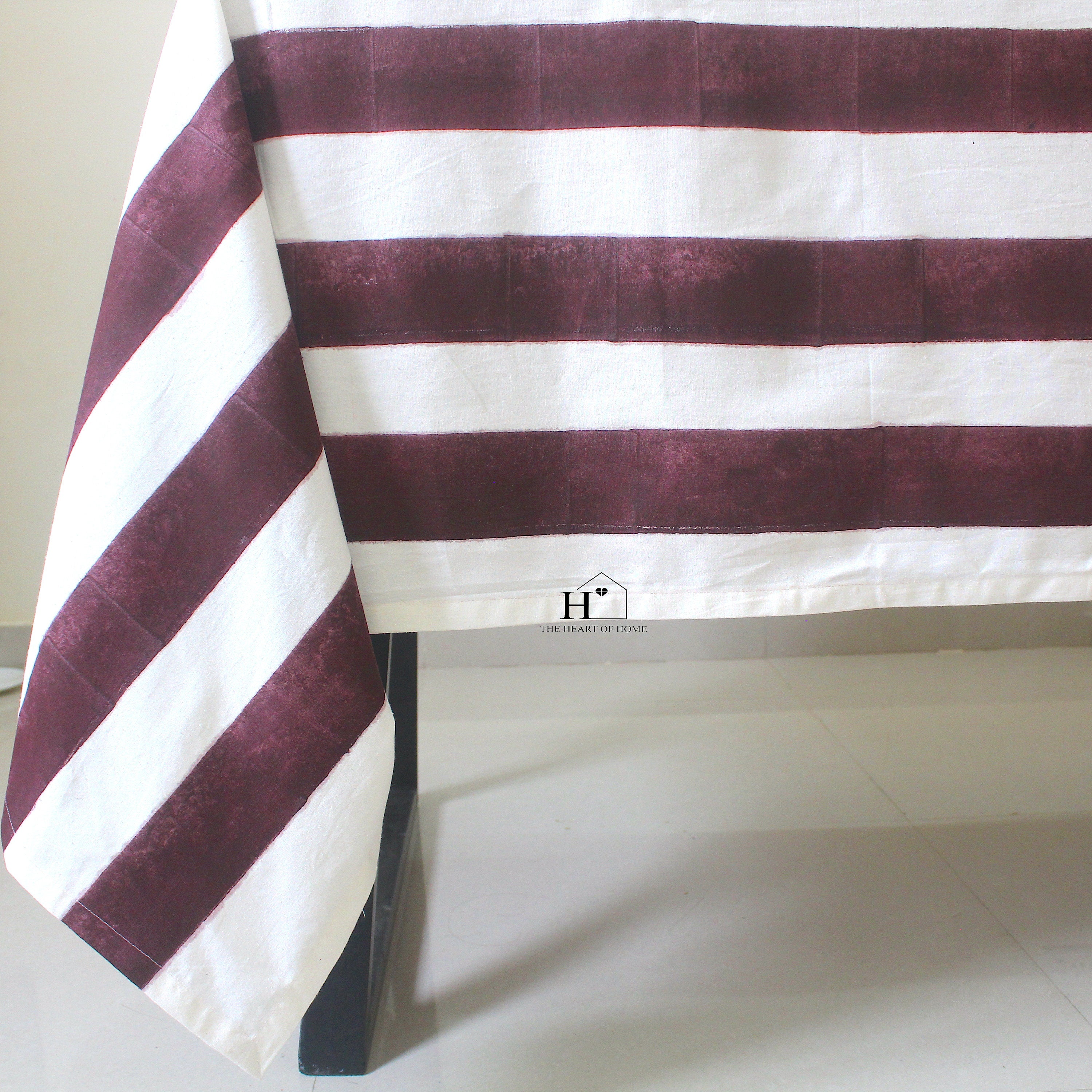 Hand-Block Congo Brown Striped Cotton Tablecloth - Waterproof Rustic Dining