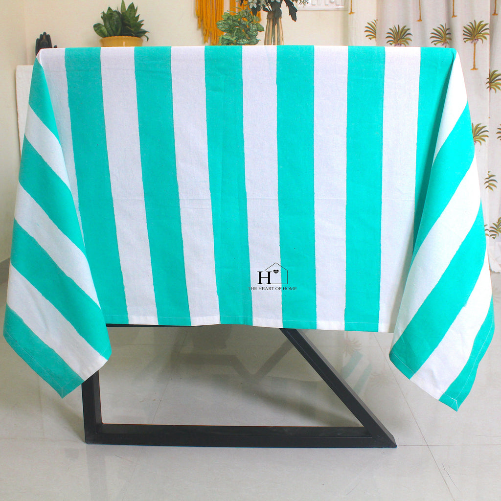 Hand-Block Stripe Cotton Tablecloth: Sea Green Waterproof Dining Table Cover