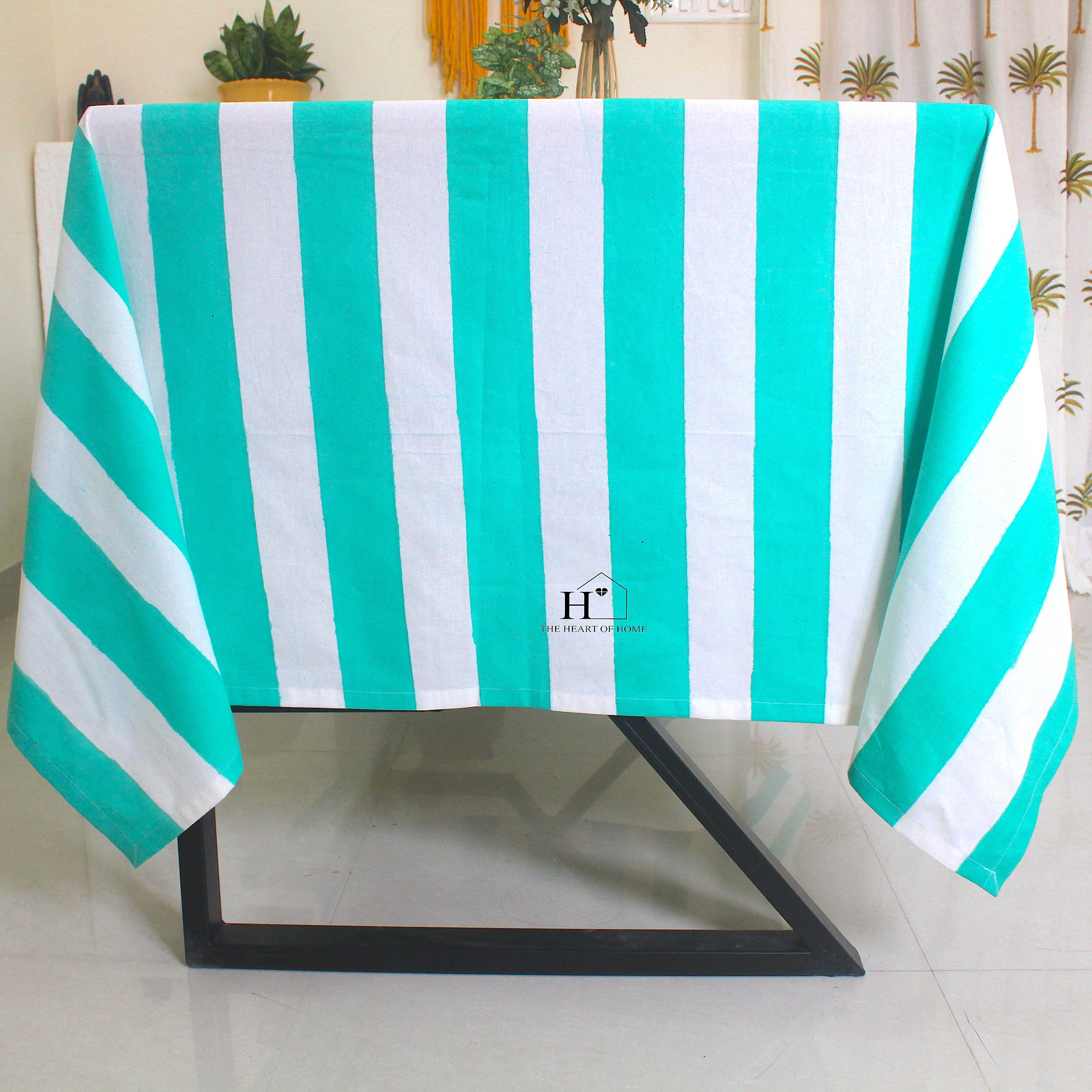 Hand-Block Stripe Cotton Tablecloth: Sea Green Waterproof Dining Table Cover