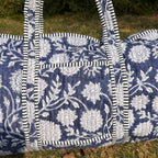 Large royal blue Cotton Quilted Duffle Bags Block print Gifts Handmade Colorful Travel night Travel Gym Yoga Luggage pocket 18x9x9 inches