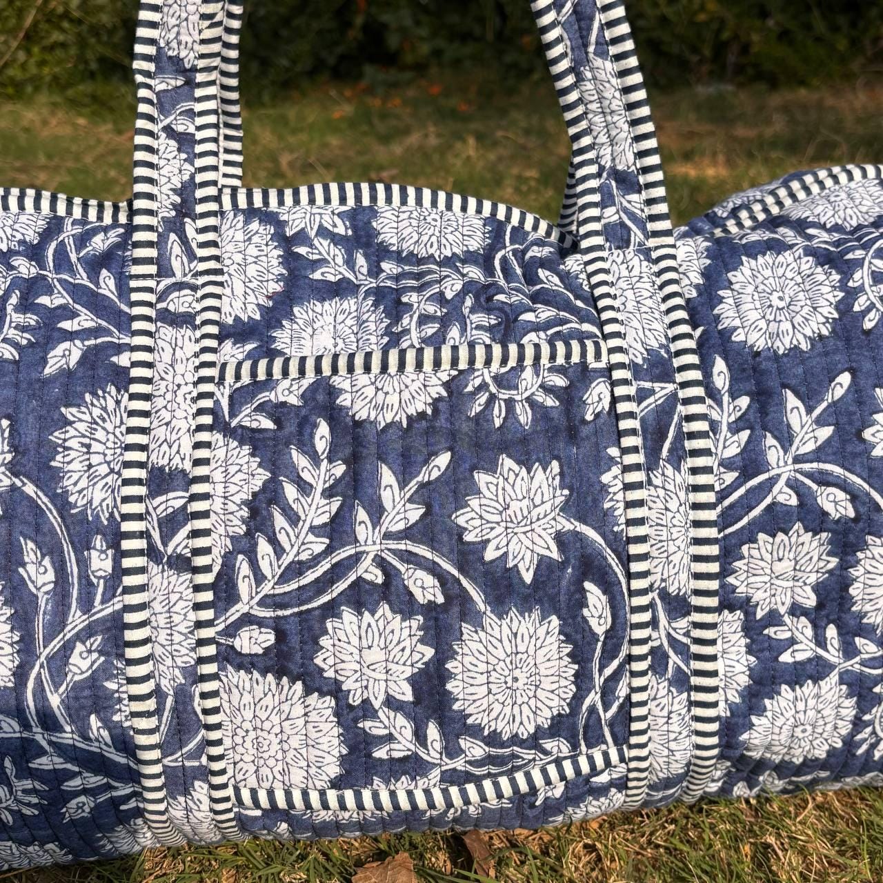 Large royal blue Cotton Quilted Duffle Bags Block print Gifts Handmade Colorful Travel night Travel Gym Yoga Luggage pocket 18x9x9 inches