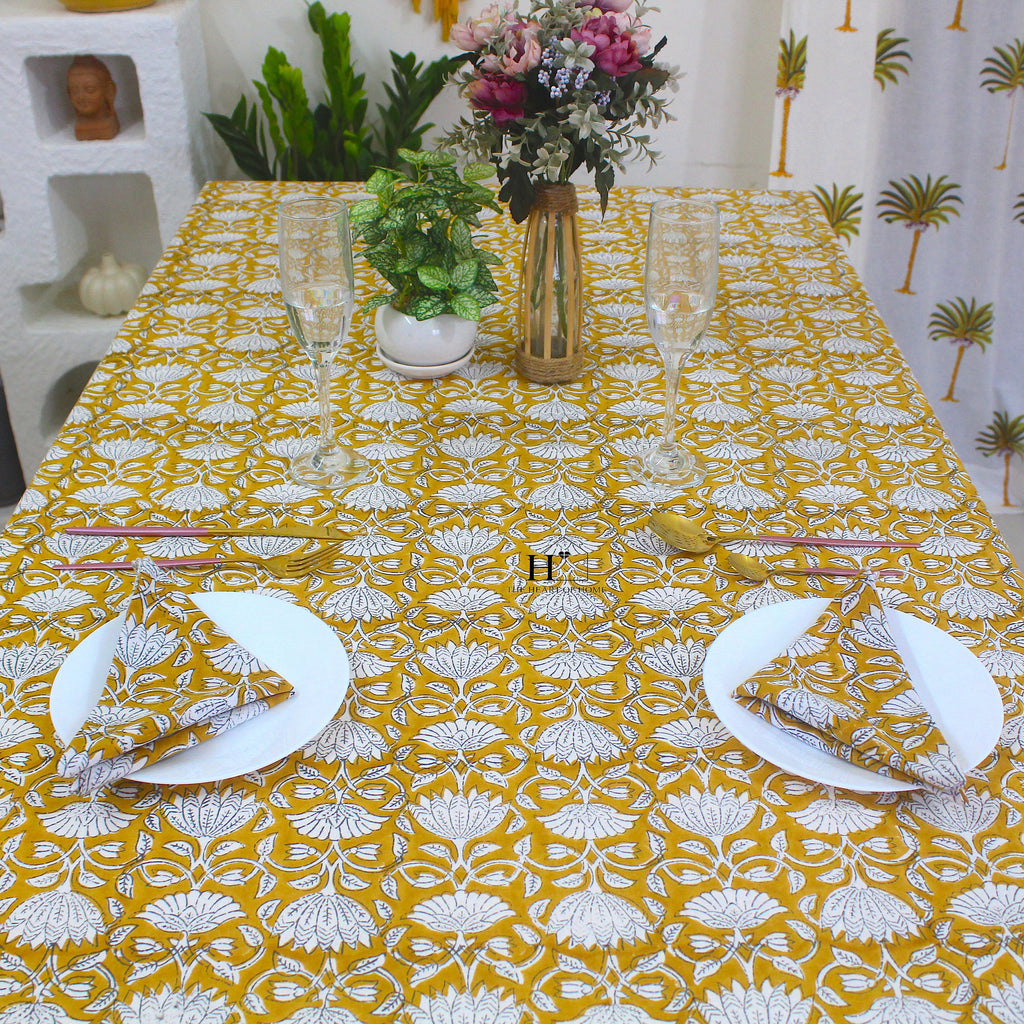 Mustard Floral Tablecloth: Hand-Block Printed Cotton, Waterproof Rustic Cover