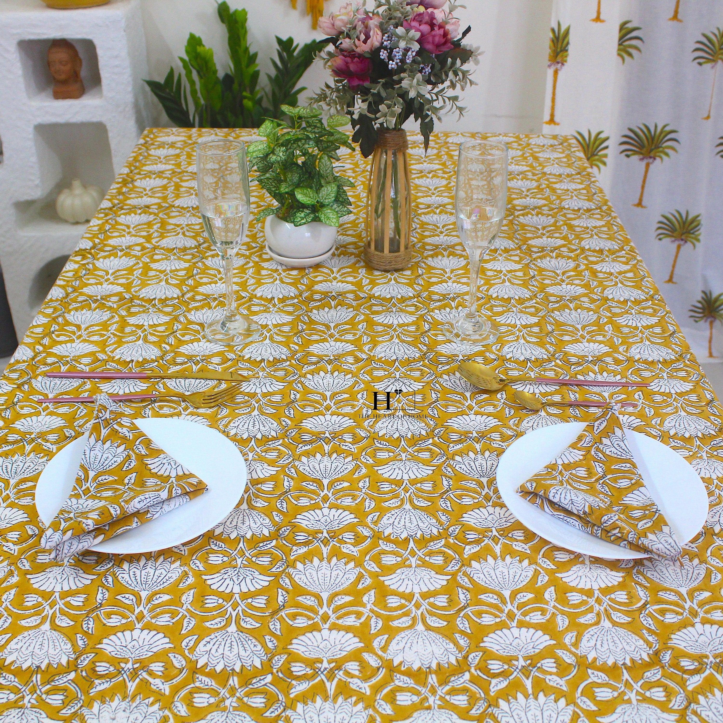 Mustard Floral Tablecloth: Hand-Block Printed Cotton, Waterproof Rustic Cover
