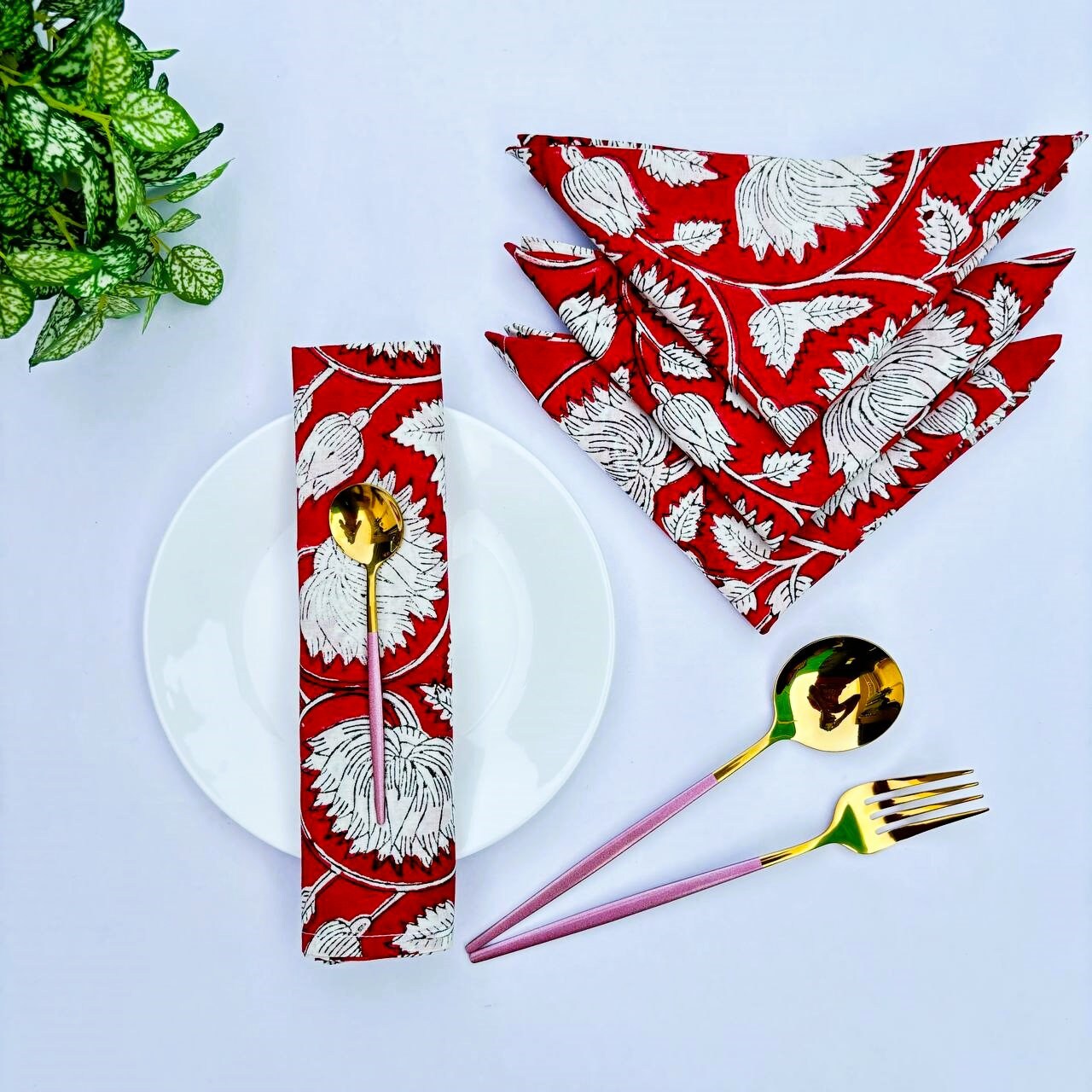 Handmade Red Floral Block Print Napkins: Cotton Table Decor