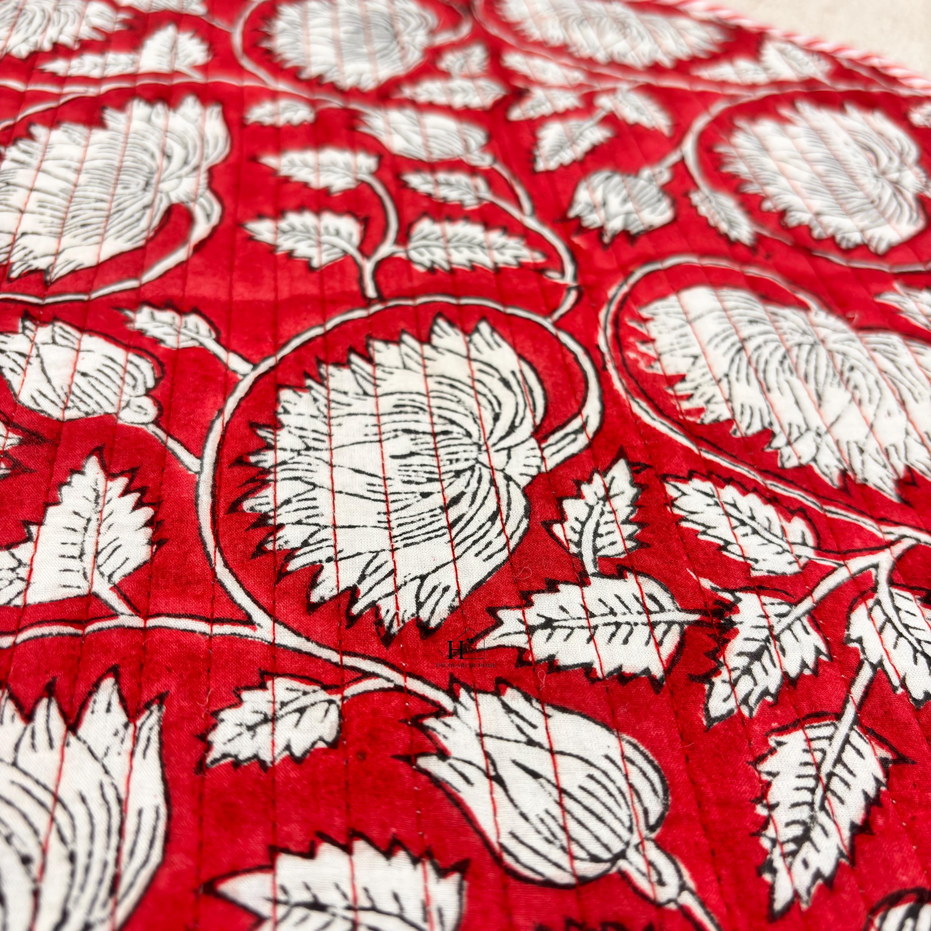 Handcrafted Red Floral Quilted Placemat & Napkin Set: Cotton Dining Decor