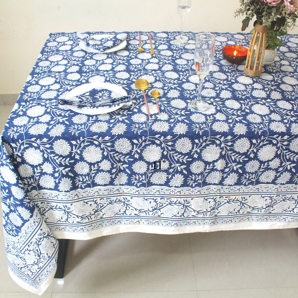 Blue Floral Block Print Cotton Tablecloth: Vibrant Home & Event Decor