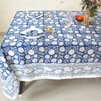 Blue Floral Block Print Cotton Tablecloth: Vibrant Home & Event Decor
