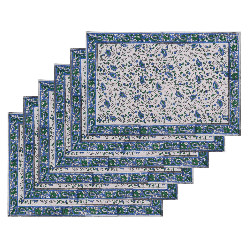 Hand Block Printed Placemats and Napkins: Cobalt Blue Floral Cotton Set