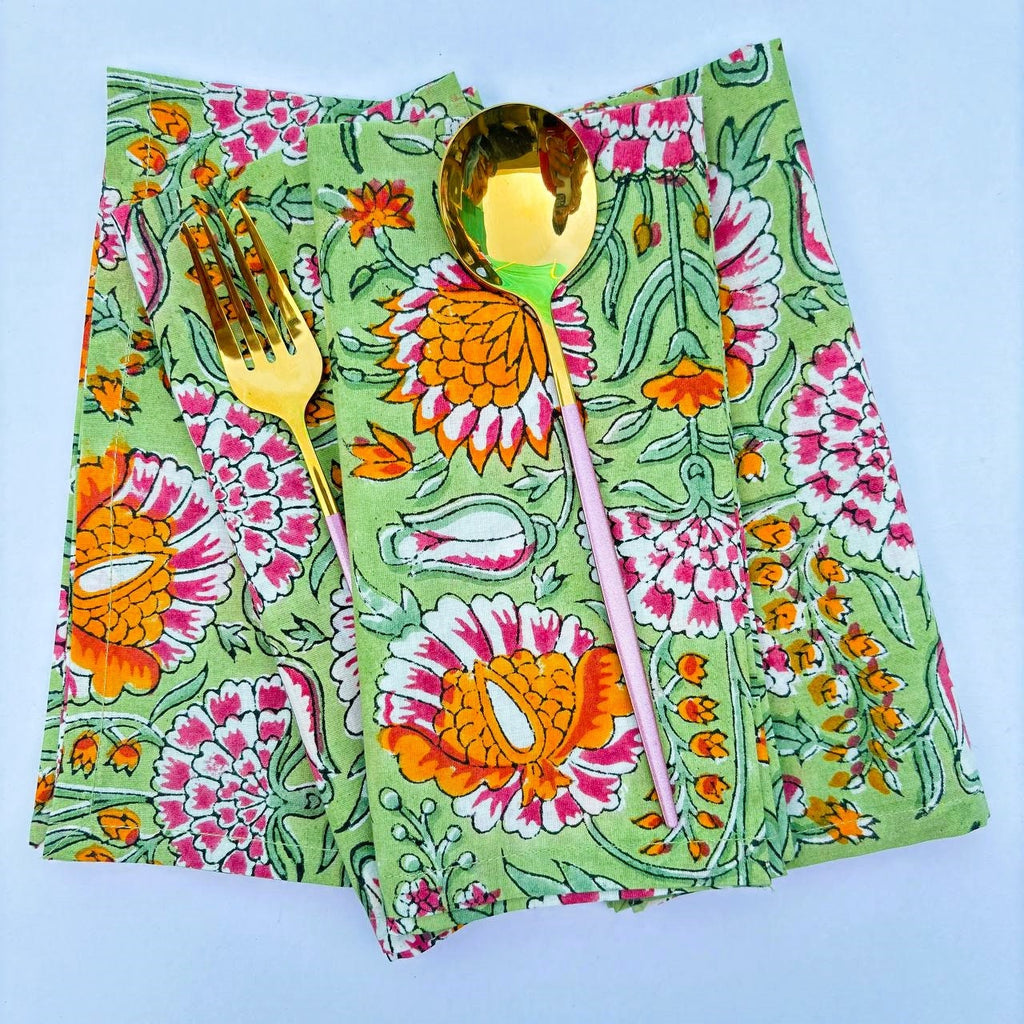 Hand Block Printed Cotton Napkins: Green & Orange Floral Table Decor