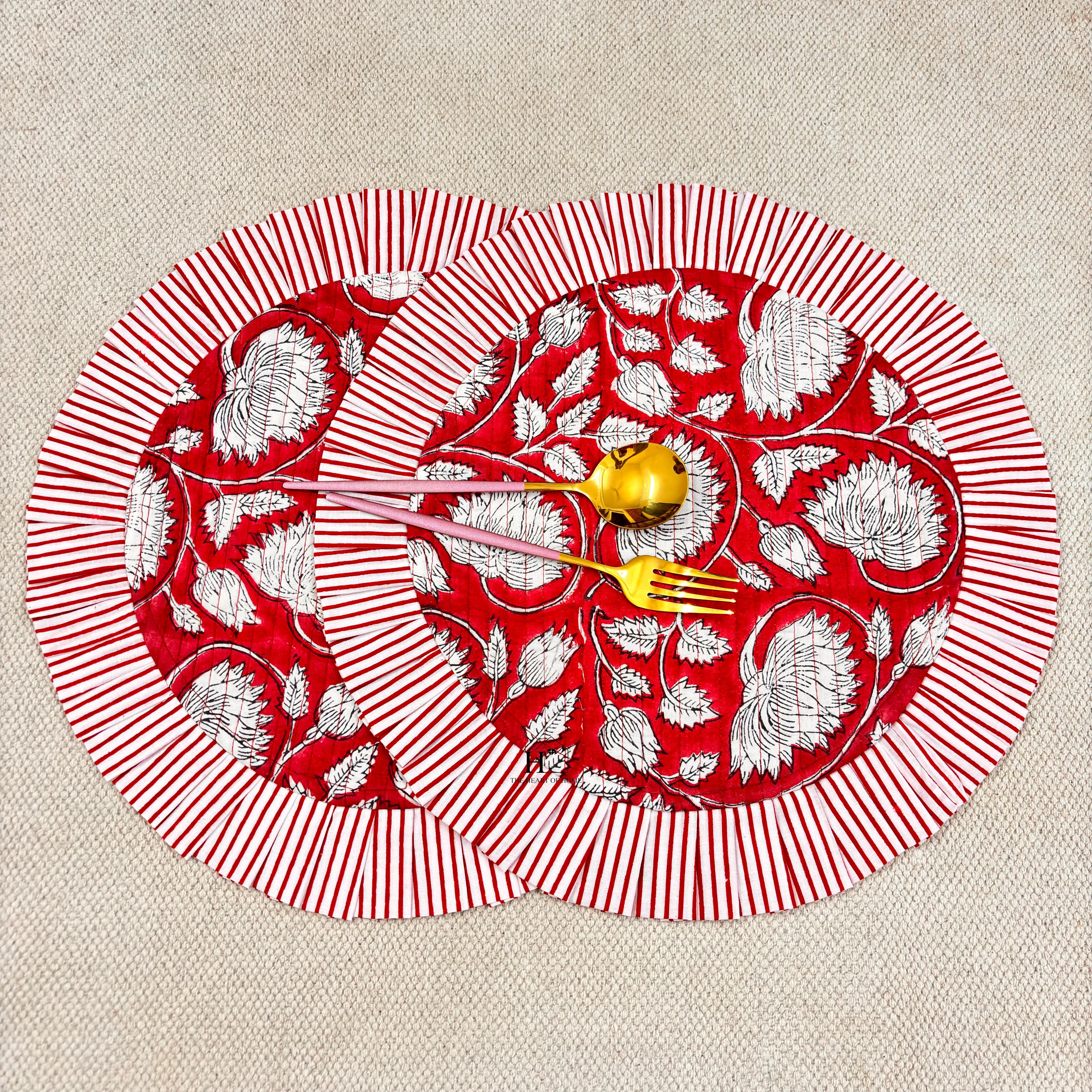 Red Floral Quilted Placemat & Napkin Set: 100% Cotton, Handmade