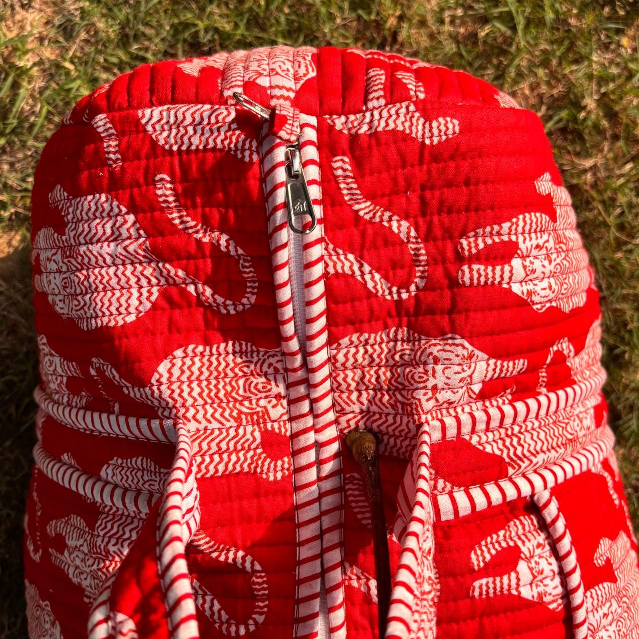 Handmade Red Tiger Cotton Quilted Duffle Bag: Travel Gym Luggage