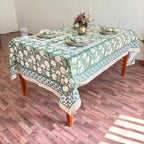 Green Floral Cotton Linen Tablecloth: Custom Sizes, Elegant Event Decor