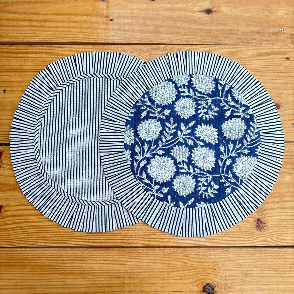 Handcrafted Royal Blue Floral Quilted Placemat & Napkin Set