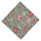 Floral Hand Block Printed Cloth Napkins: Sage Green & Red Cotton Linen