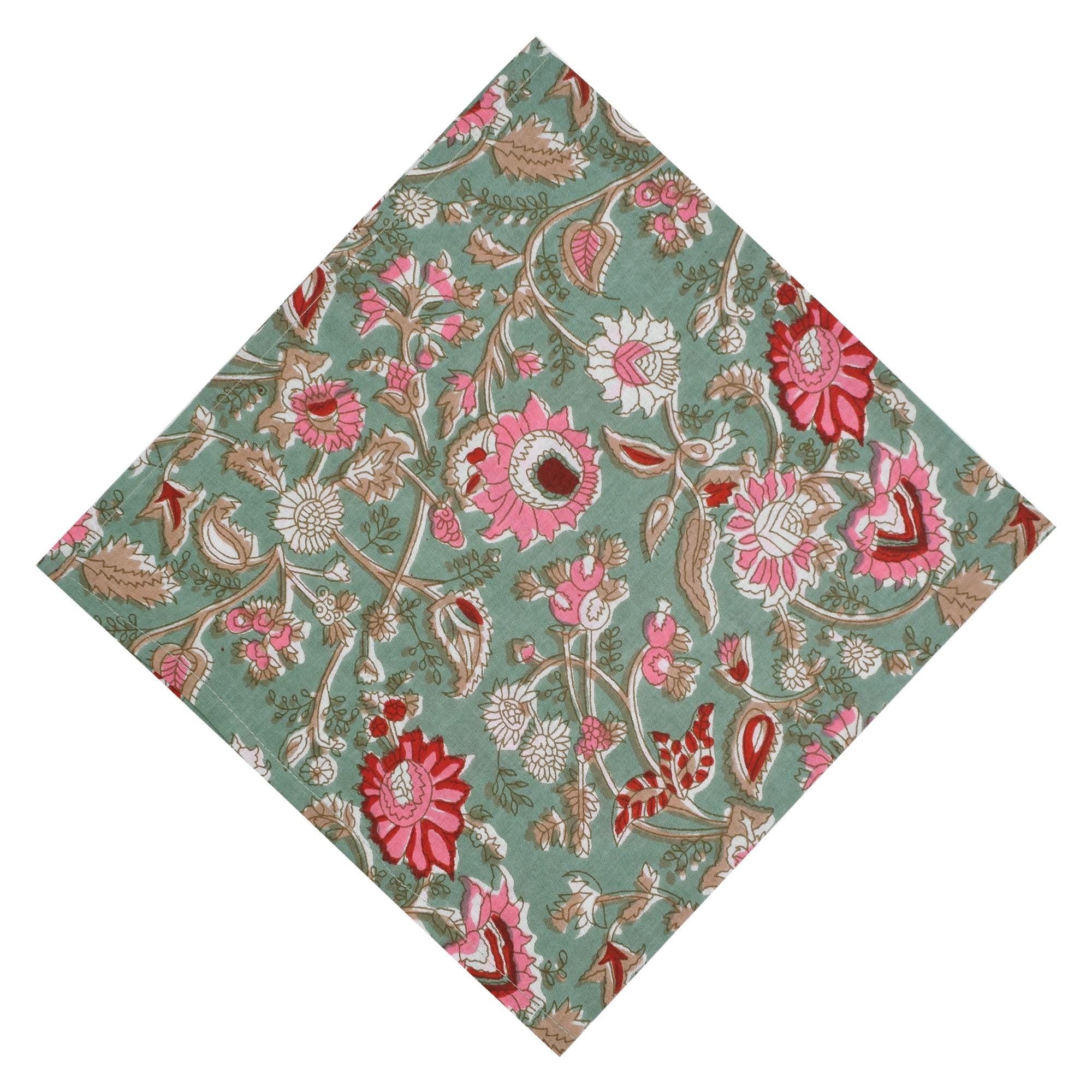 Floral Hand Block Printed Cloth Napkins: Sage Green & Red Cotton Linen