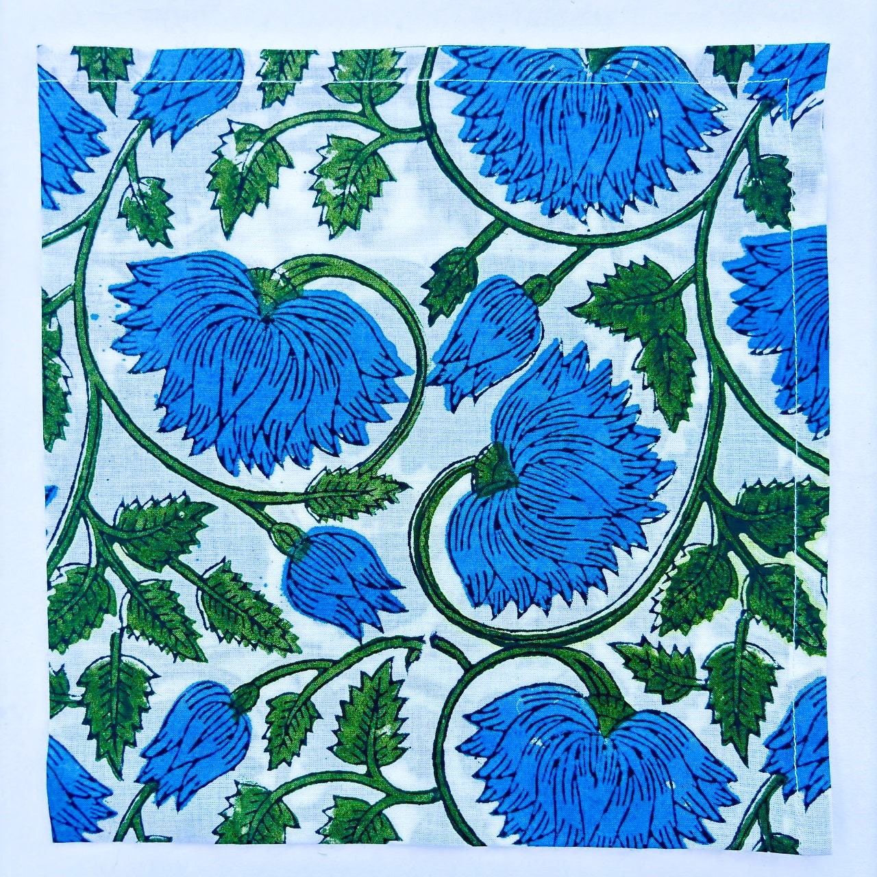 Hand Block Printed Cotton Napkins: White & Blue Floral Table Decor
