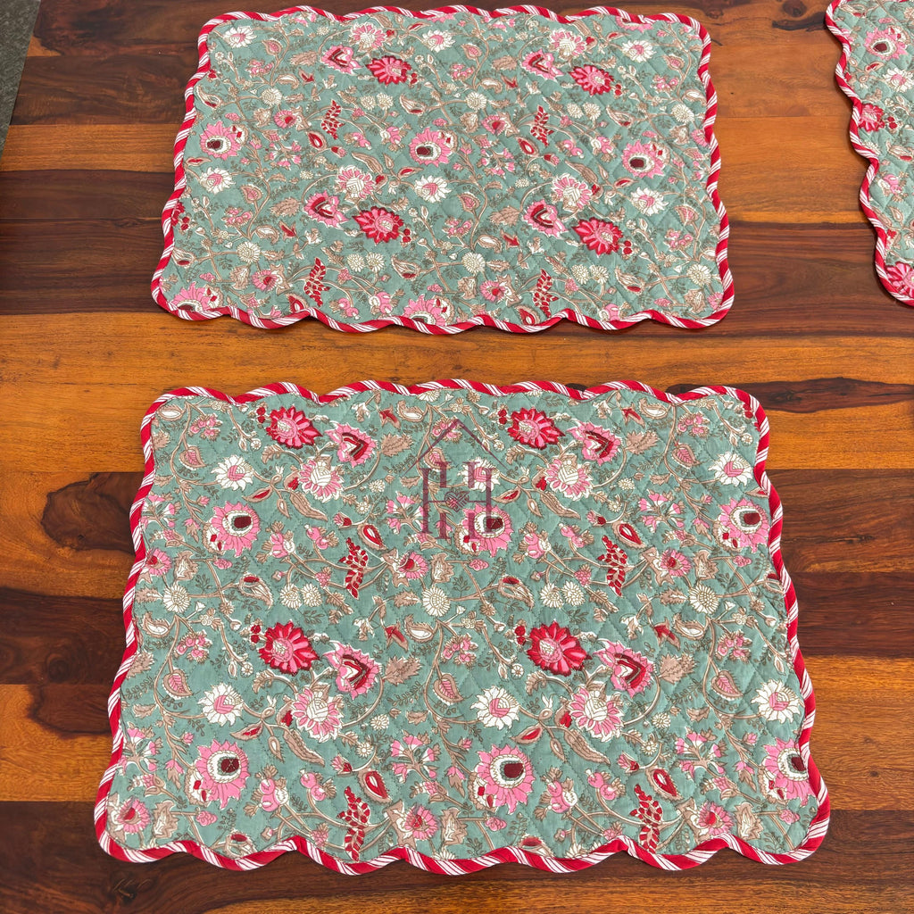 Cotton quilted mats hand block printed christmas green 14x20 Inch Reversible 100% Cotton, Washable, Soft & Absorbent, Perfect for Wedding